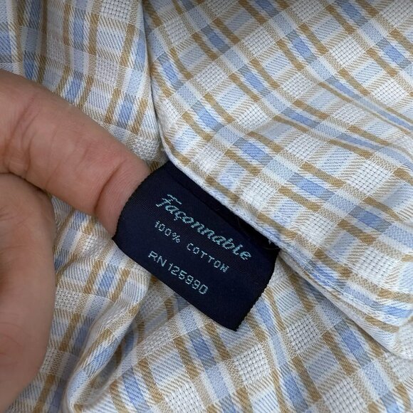 Faconnable Dress Shirt Mens L Blue Tan Checked Long Sleeve Button Up - Picture 9 of 10
